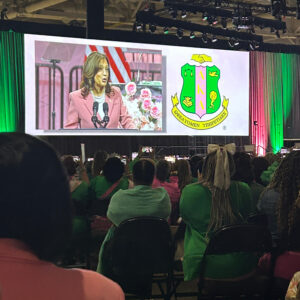 Vice President Kamala Harris speaking on stage